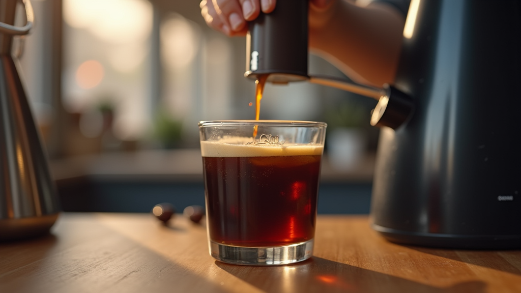 Espresso pouring into glass coffee cup