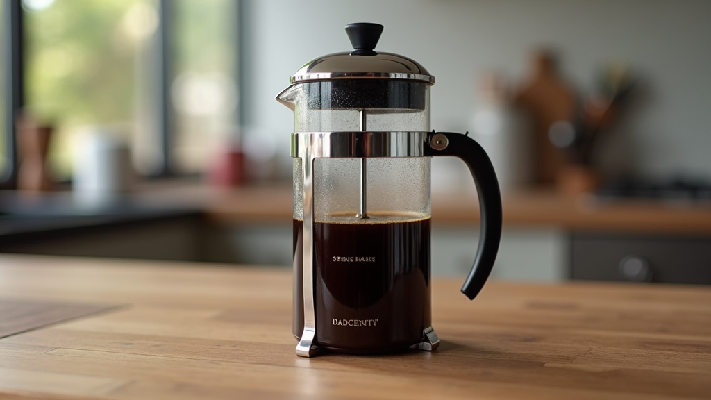 French press with brewed coffee on kitchen counter.