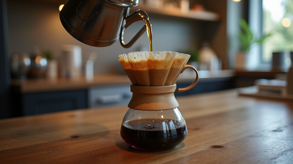 Pour-over coffee brewing in kitchen setting