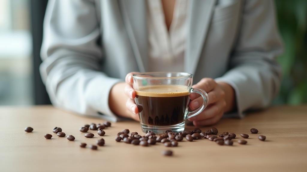 Person holding coffee cup with beans on table.