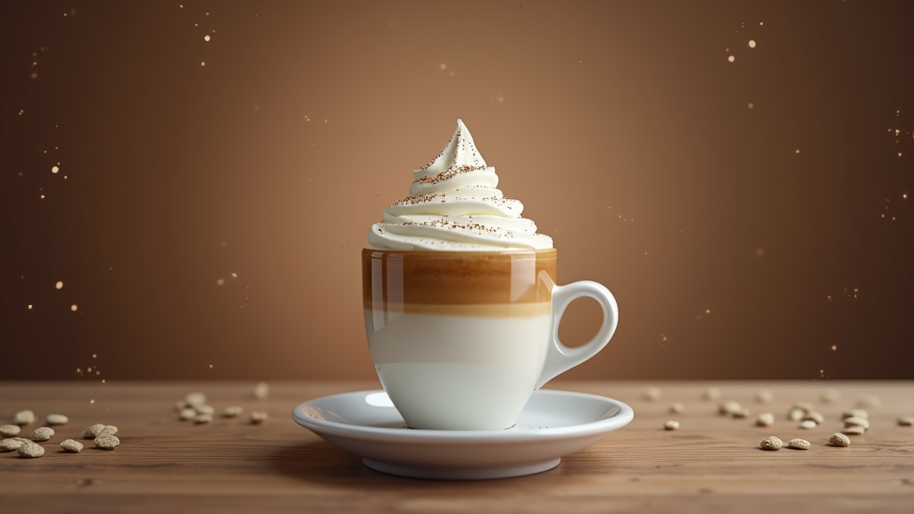 Latte with whipped cream, wooden table background.