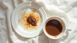 Turkish coffee cup and plate on white fabric.