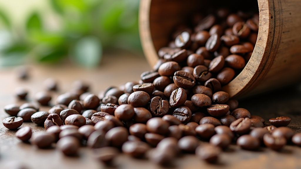 Roasted coffee beans spilling from a barrel