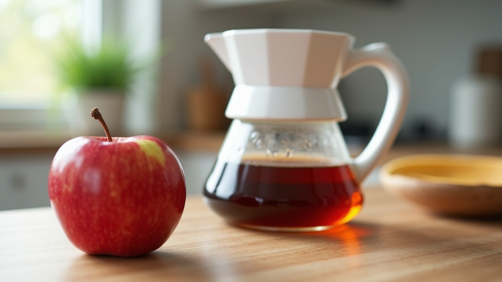 Red apple and coffee carafe on wooden table