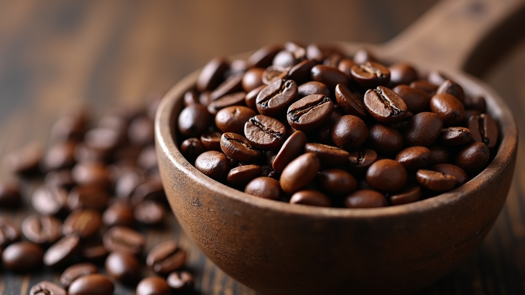 Wooden spoon with roasted coffee beans