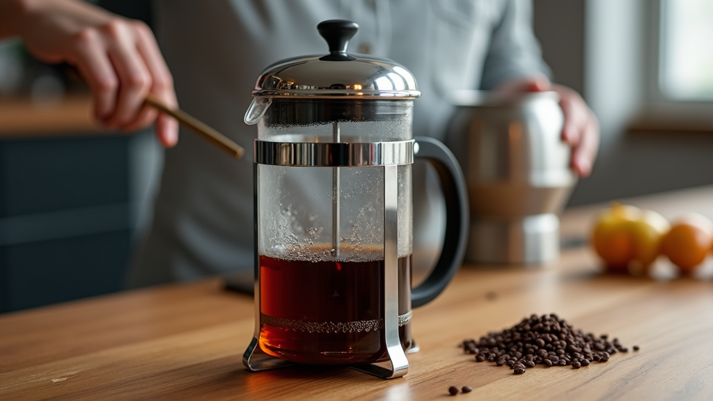 Brewing coffee with French press on wooden table.