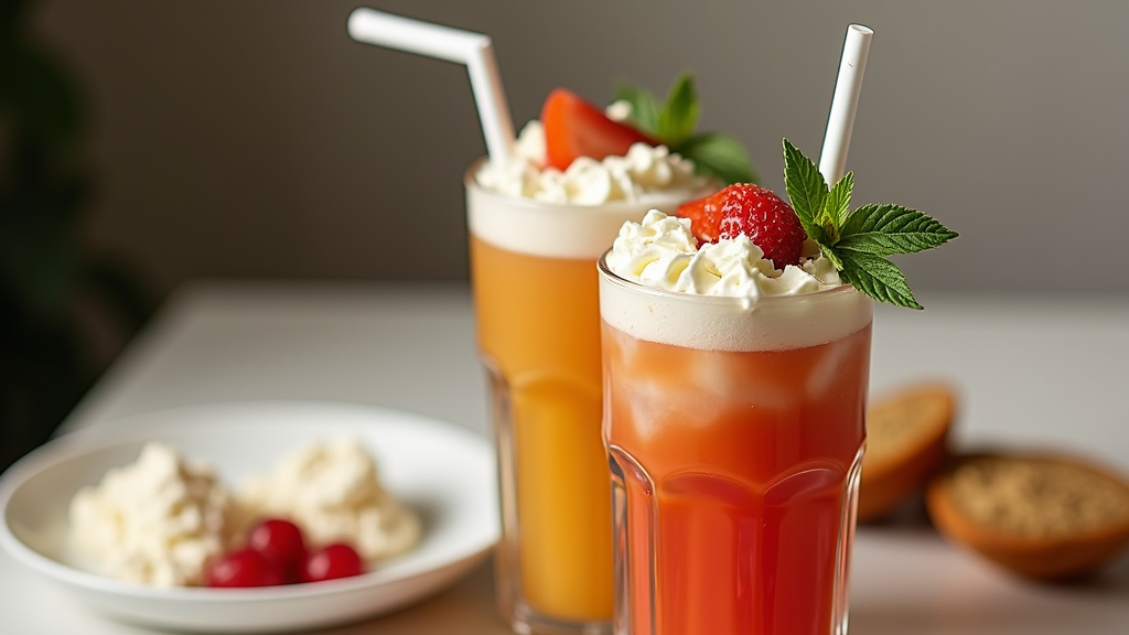 Two fruit smoothies with whipped cream and strawberries.