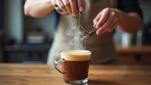 Barista steaming milk for coffee in a glass