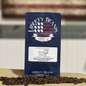 Liberty Beans Coffee packaging with coffee beans.