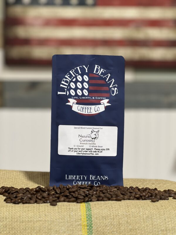 Liberty Beans Coffee packaging with coffee beans.