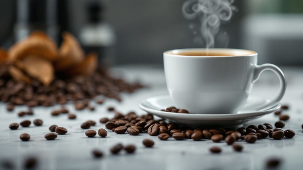 Steaming coffee cup with scattered beans on table.