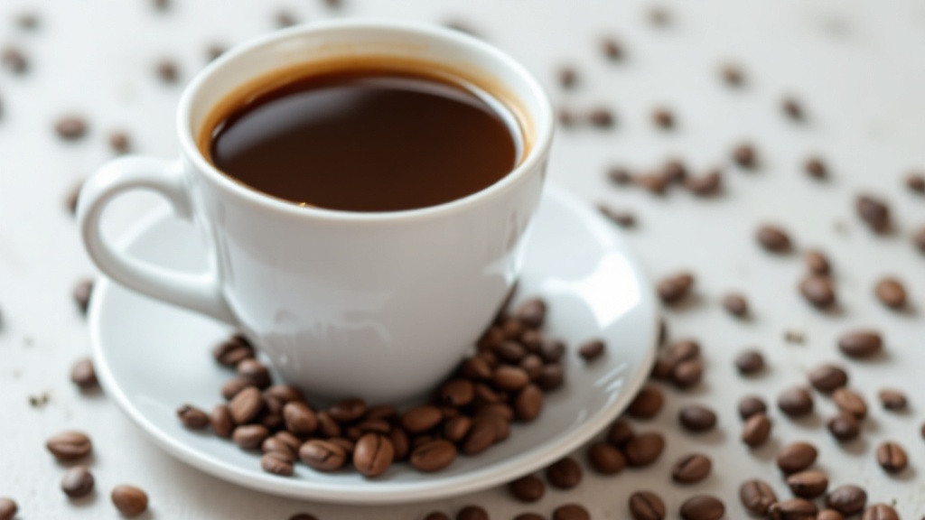 Cup of coffee with scattered coffee beans