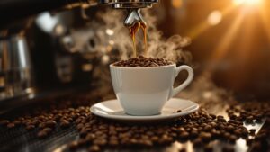 Espresso pouring onto coffee beans in cup.