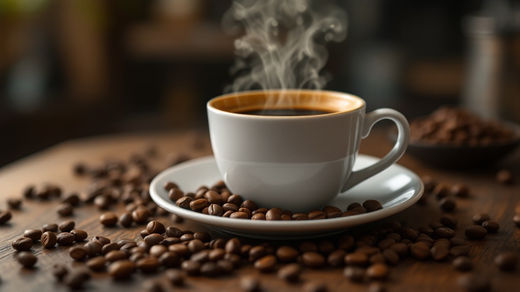 Steaming coffee cup surrounded by beans