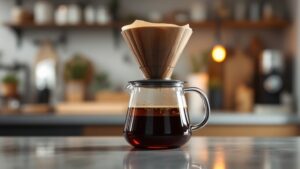 Glass coffee pot with paper filter in kitchen.