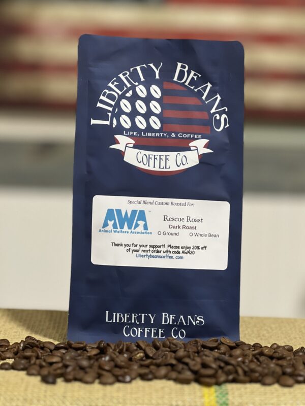 Liberty Beans coffee bag with roasted beans.