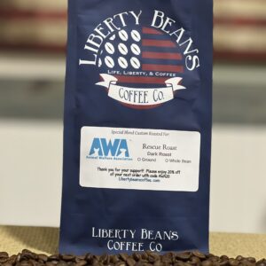 Liberty Beans coffee bag with roasted beans.