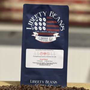 Liberty Beans coffee bag with American flag design.