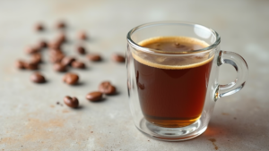 Glass mug of coffee with scattered beans.