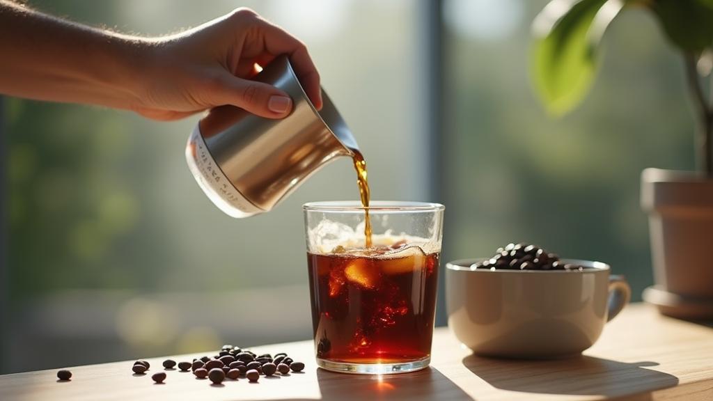 Pouring iced coffee into glass, sunny background