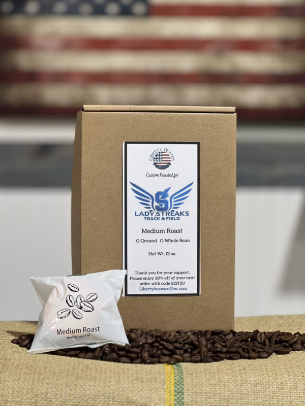 Medium roast coffee package with beans and American flag.