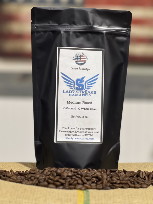 Black coffee bag with beans, medium roast, 12 oz.