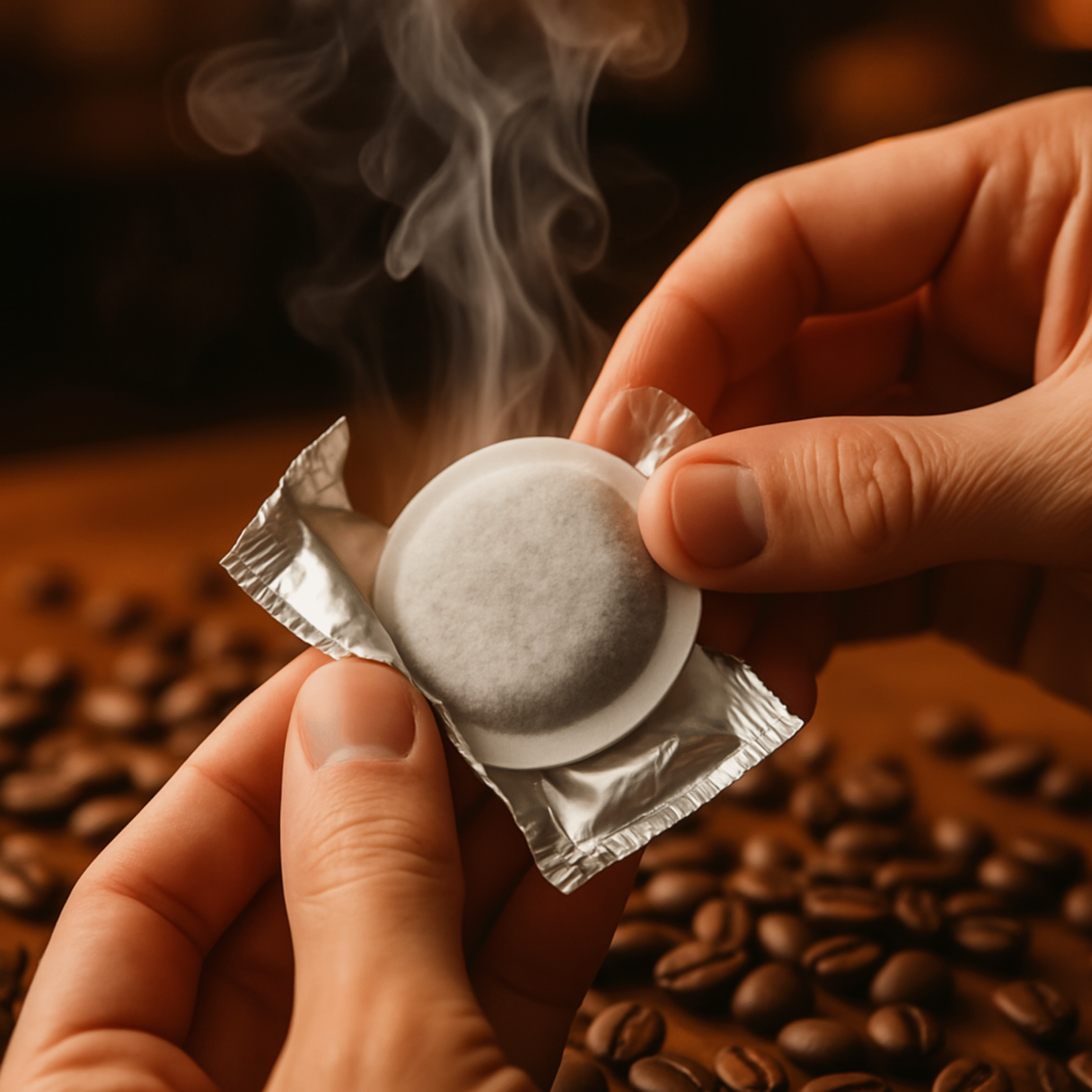 Opening fresh Liberty Beans biodegradable coffee pod with steam