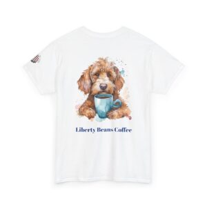 Coffee Dog T‑Shirt — "Liberty Beans Coffee" Cute Puppy with Mug Tee